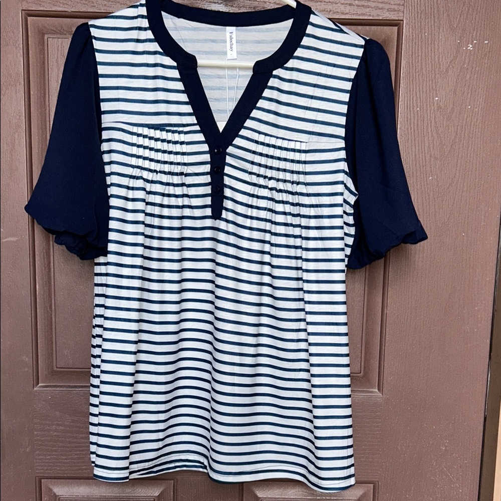 Elegant Navy and White Striped Blouse